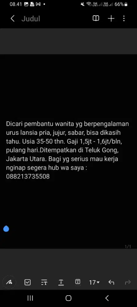 Dicari pembantu wanita pengalaman urus lansia