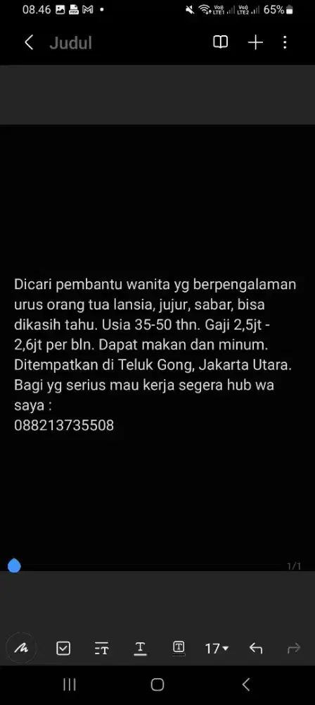 Dicari pembantu wanita yg berpengalaman urus lansia pria