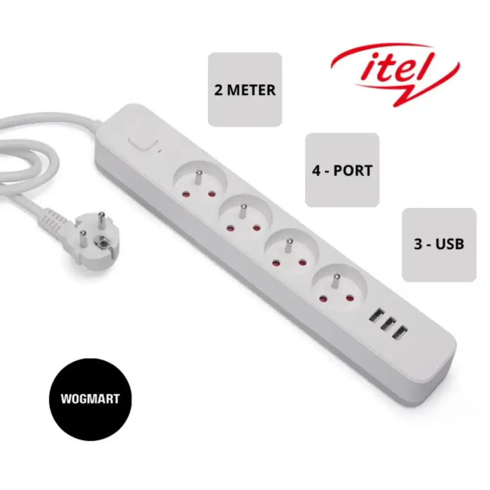 ITEL STOP KONTAK COLOKAN LISTRIK 2 METER 4 PORT 3 USB BARU ASLI BU