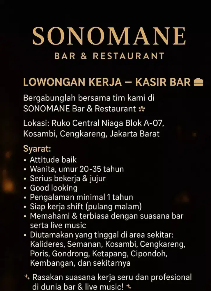 Dibutuhkan 1 wanita kasir Bar dan Resto