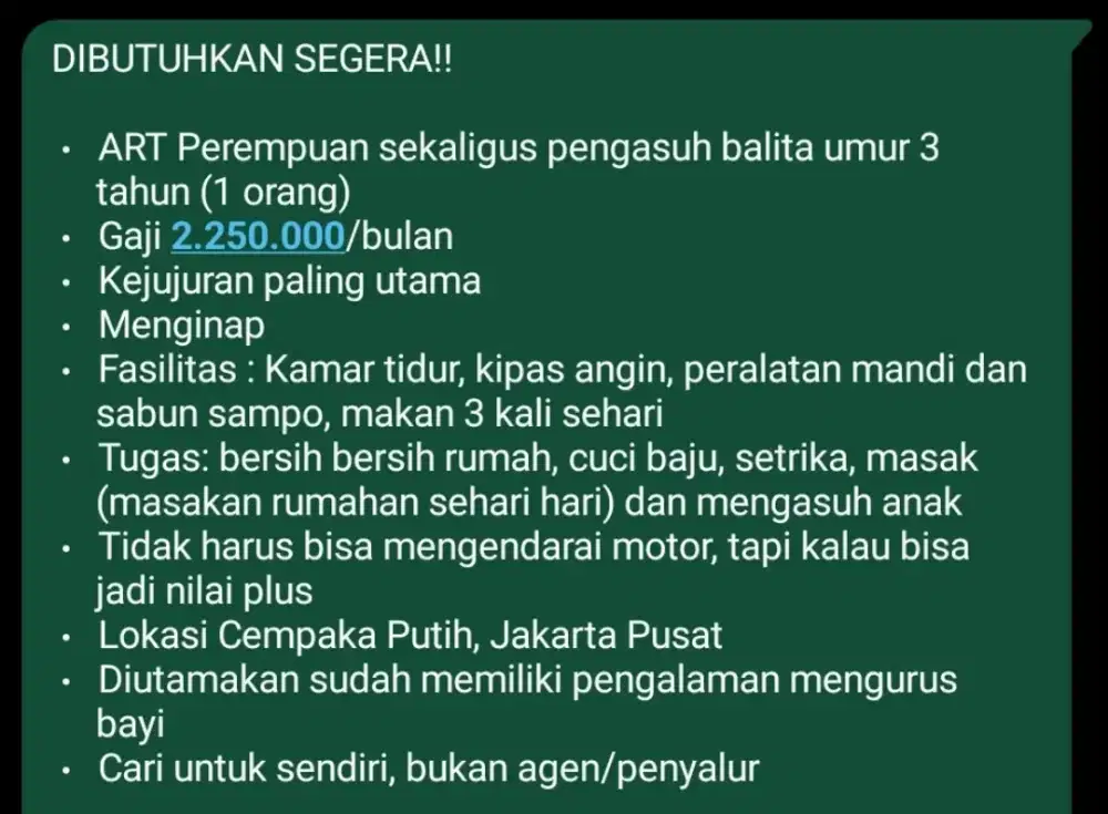 Dicari ART dan Pengasuh Anak (1 Orang)