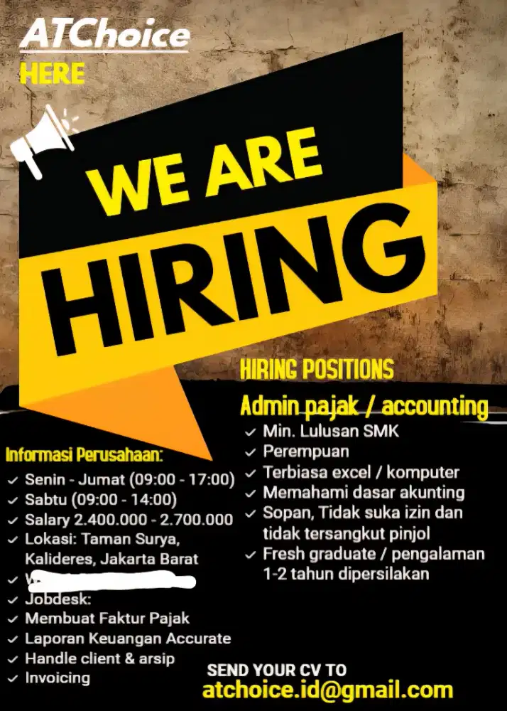 Dibutuhkan Admin Accounting / Tax, Kalideres, Jakarta Barat