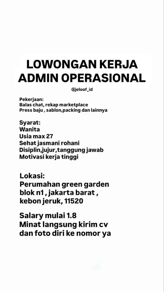 Lowongan kerja admin jeloof
