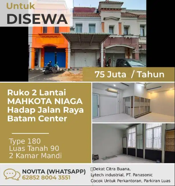 1 Unit Ruko 2 Lantai MAHKOTA NIAGA Hadap Jalan Raya Batam Center