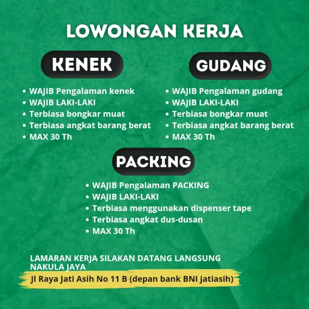 LOWONGAN URGENT PACKING - KENEK - GUDANG
