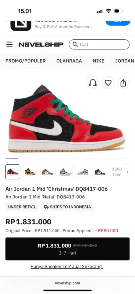 Sepatu sneakers air Jordan 1 mid Chrismast ukuran 37 Mulus Bagus