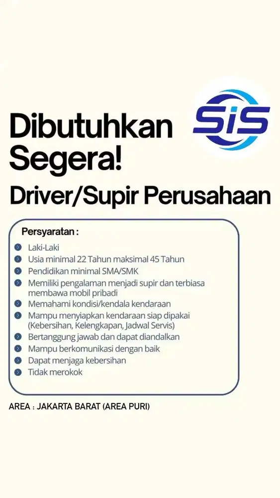Lowongan Supir/Driver Jakarta Barat