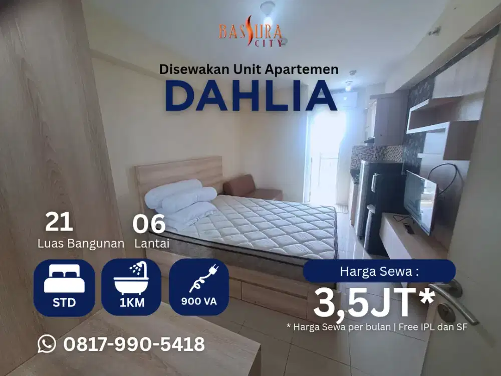 Sewa studio furnished lantai rendah apartemen Bassura City tower Dahlia call Maula