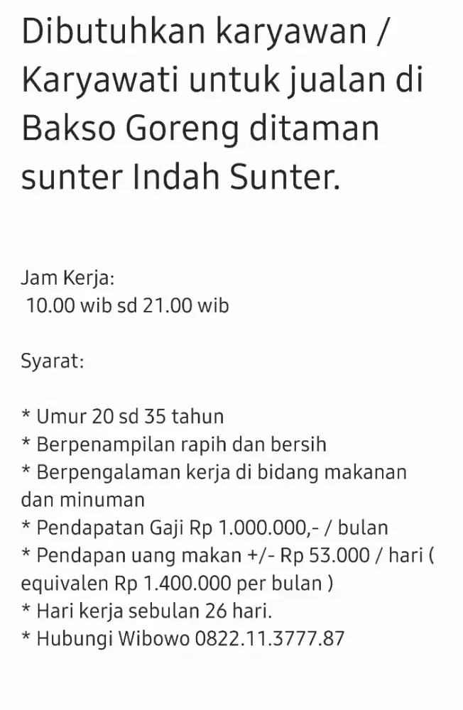 Lowongan Pekerjaan penjaga dan penjual Bakso Goreng