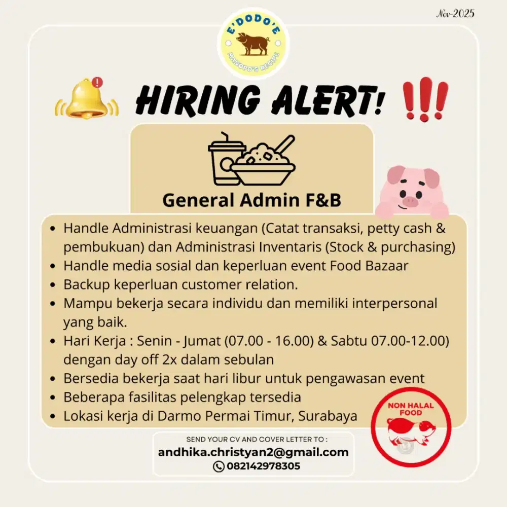 Lowongan general admin FNB non halal (diutamakan memiliki pengalaman)