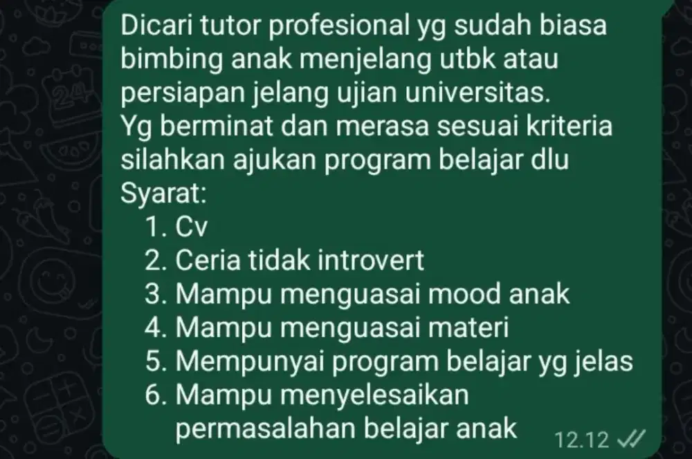 Dicari guru private untuk anak menjelang ujian masuk kuliah