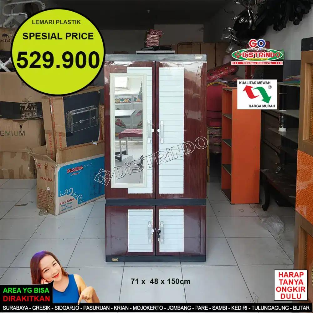 Lemari Plastik 4Pintu ada Cermin + Kunci anti Rayap dan Jamur