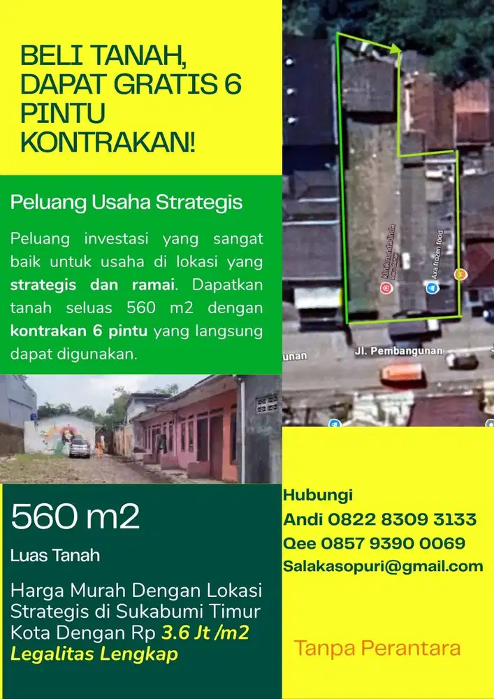 Jual Tanah 560 M2 Gratis 6 Pintu Kontrakan dengan LB 150M2