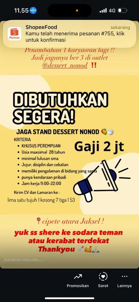 DIBUTUHKAN SEGERA 1 ORANG LAGI BUAT JAGA BER 3 DI OUTLET DESSERT_Nonod