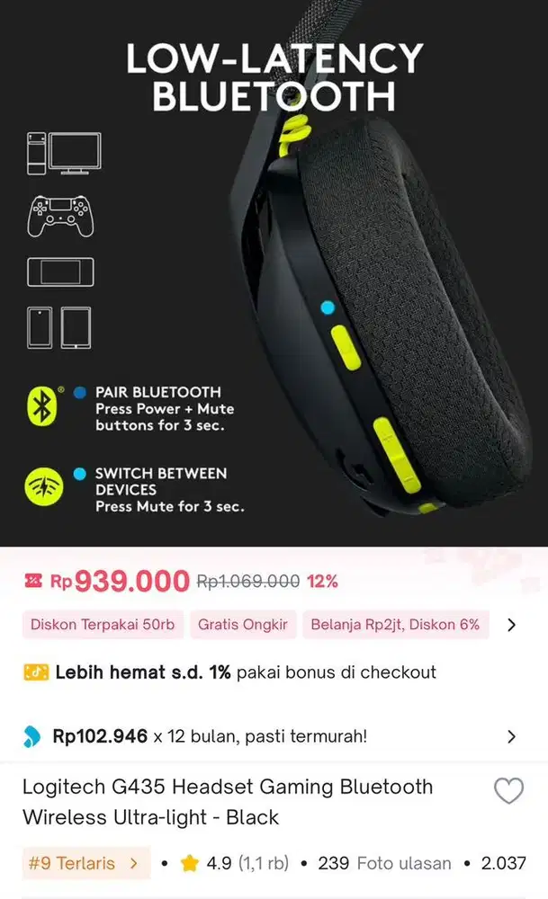 Headset Logitech G435 murah