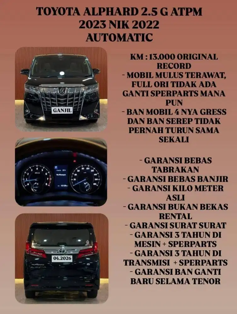 [ KM 13.000 ORIGINAL ] TOYOTA ALPHARD G ATPM 2.5 AT 2023 NIK 2022