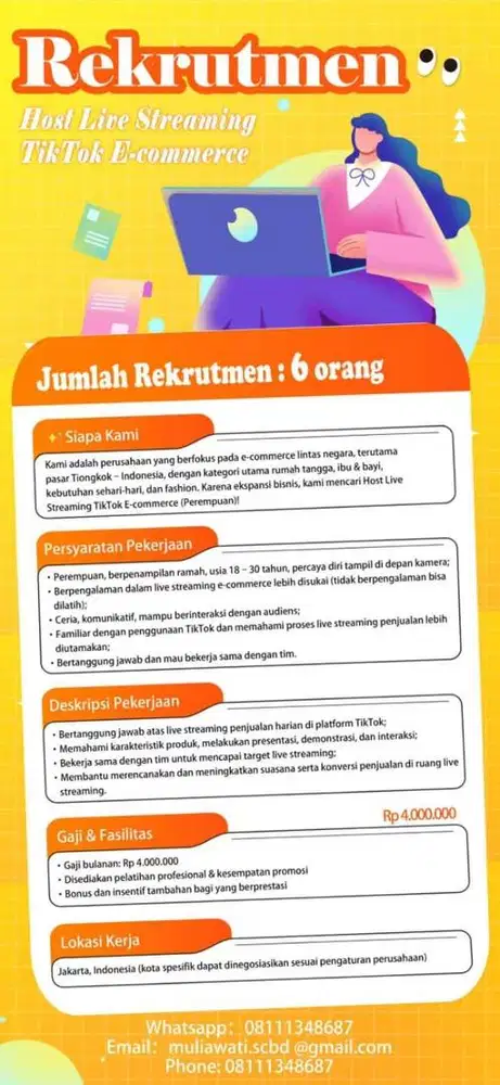 Lowongan kerja finence, host live , fotografer