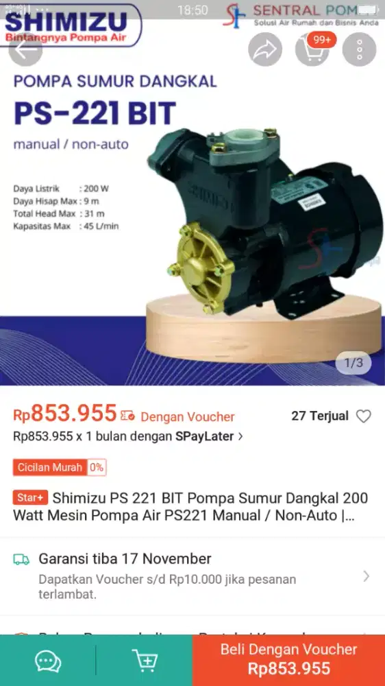 Pompa air Shimizu PS 221 Bit mulus masih ORI siap pakai