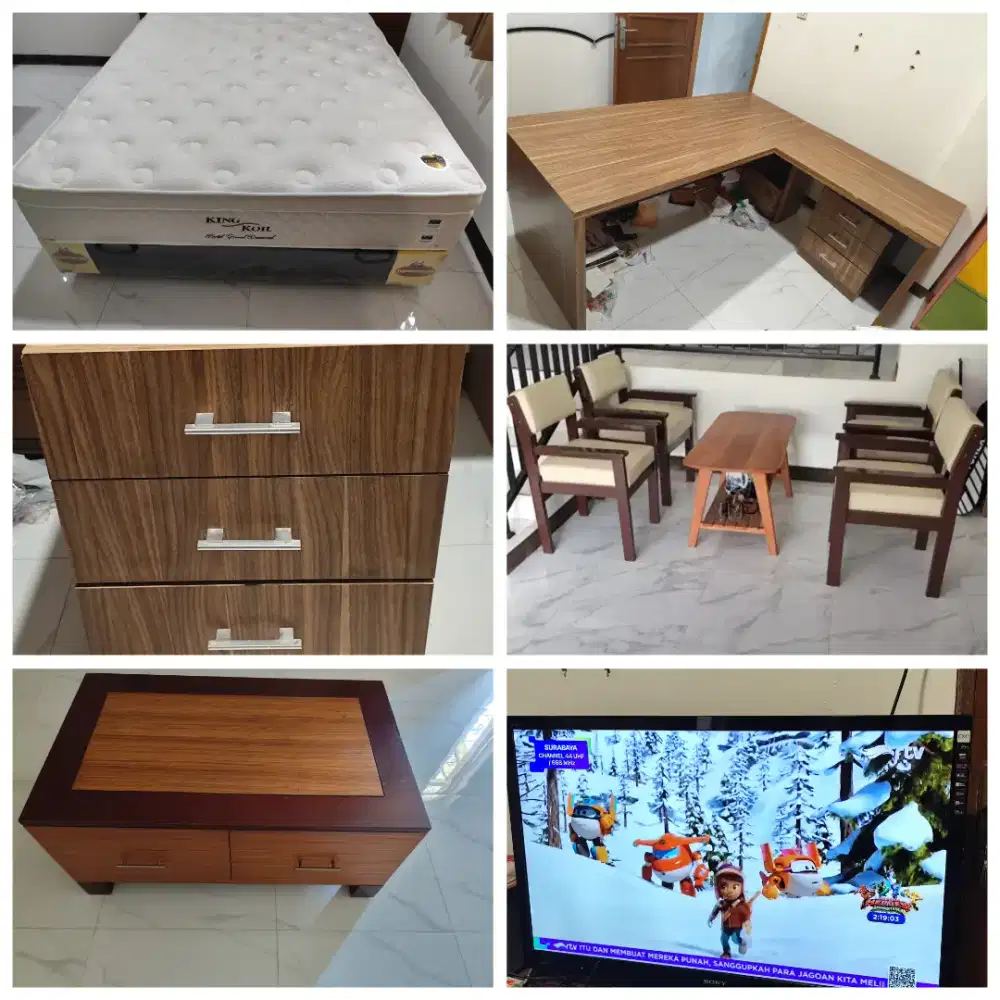 Kasur king koil 160x200+dipan+meja kerja+lemari TV+kursi sofa dll