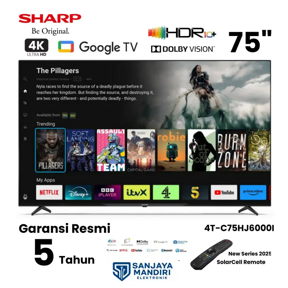 SHARP 4K UHD 75 Google TV Dolby Atmos 4T-C75HJ6000I  Solarcell Remote