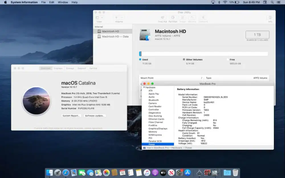Macbook Pro 2019 core i5 Ram 8 Ssd 1 Tb
Layar 13 inch Space Grey Full