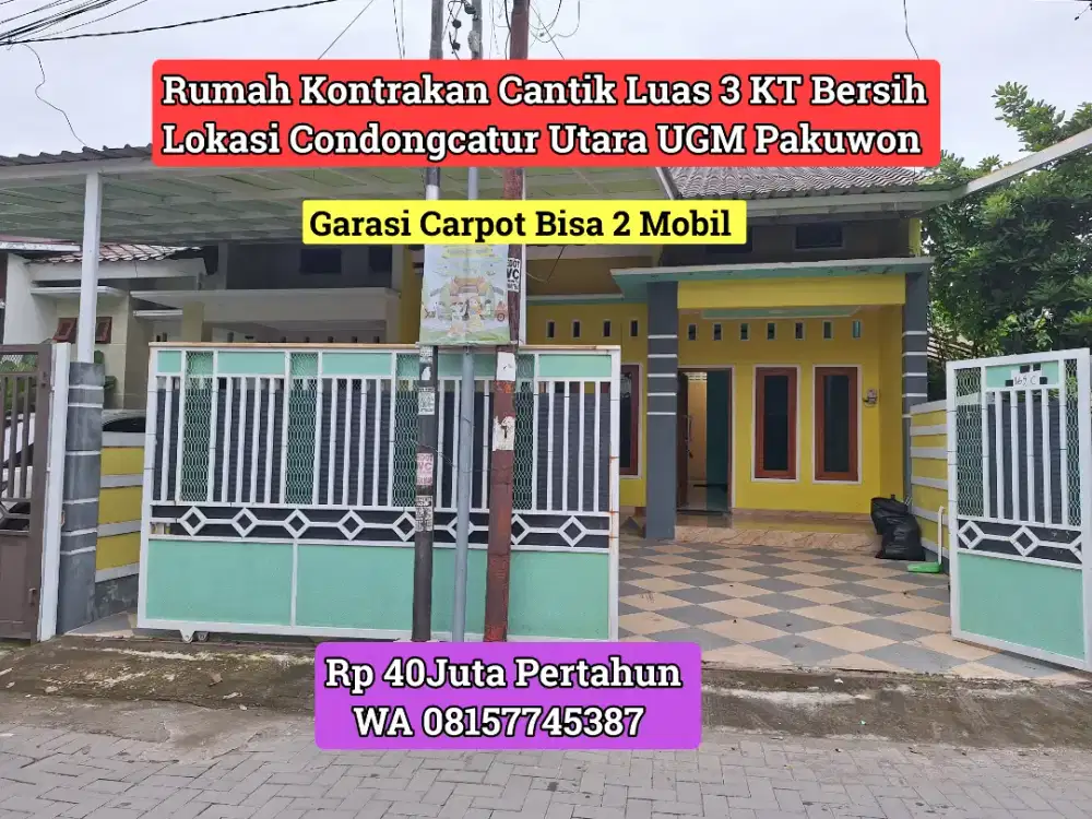 Rumah disewakan utara UGM Pakuwon Mall diCondongcatur 40Jt Nyaman