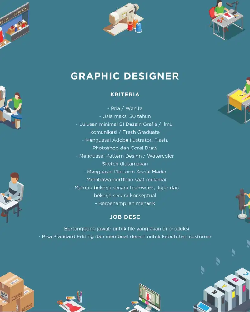 Dibutuhkan Lowongan untuk Kepala Produksi & Desainer Grafis