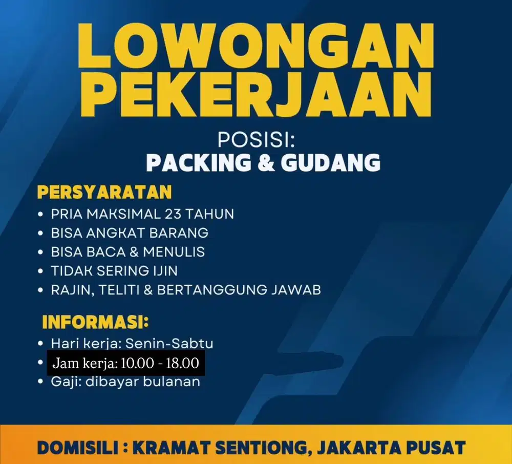 LOKER PACKING DAN GUDANG ONLINE SHOP LOKASI SENEN