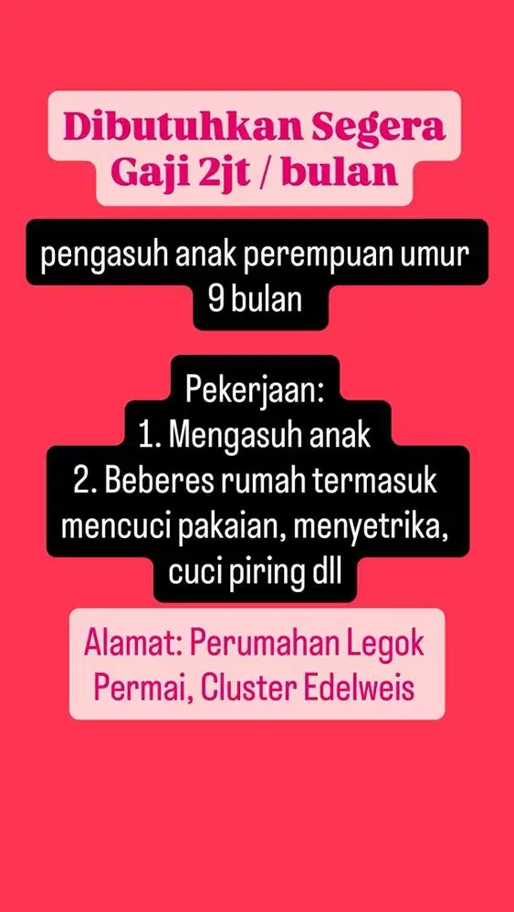 DIBUTUHKAN SEGERA PENGASUH ANAK USIA 9 BULAN
