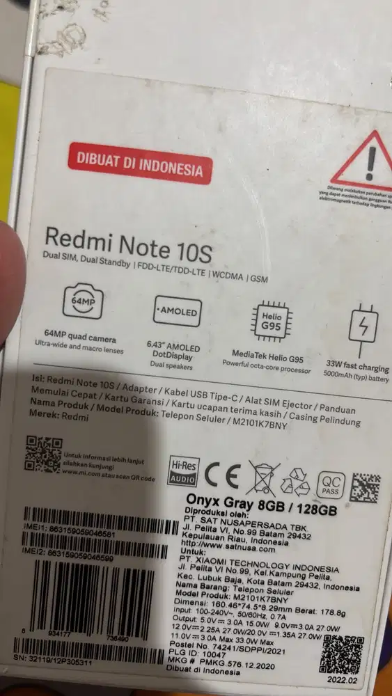 Jual hp Xiaomi Redmi note 10 s bekas