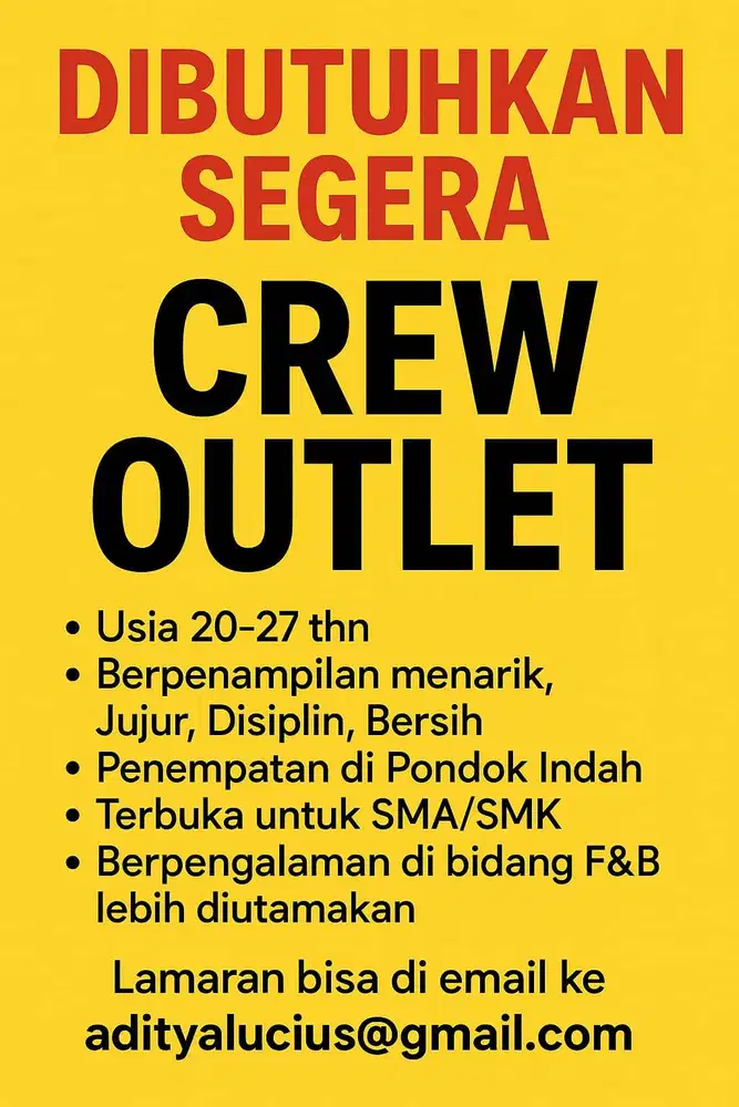 Dibutuhkan segera crew bakery dan spg wine shop