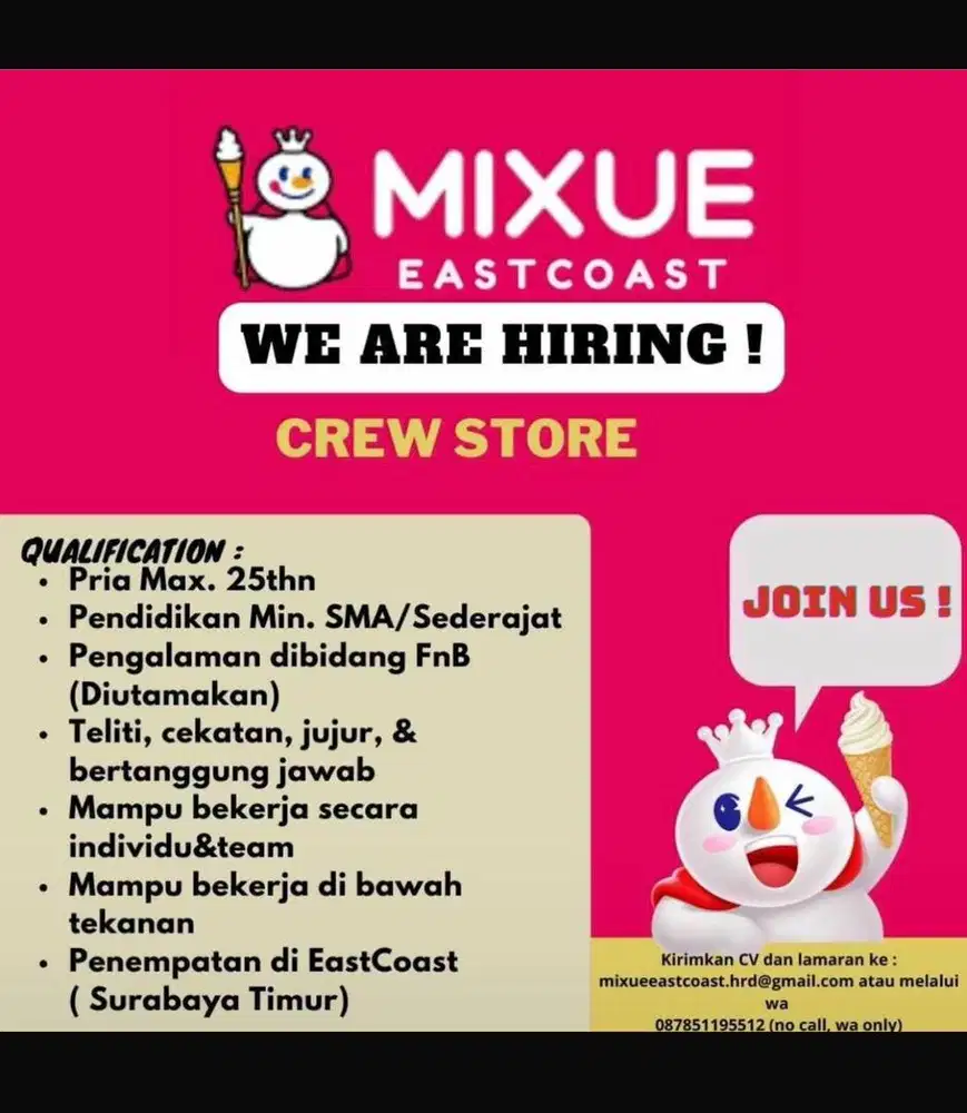 Dicari Crew Store untuk Mixue Eastcoast Patos Surabaya Timur