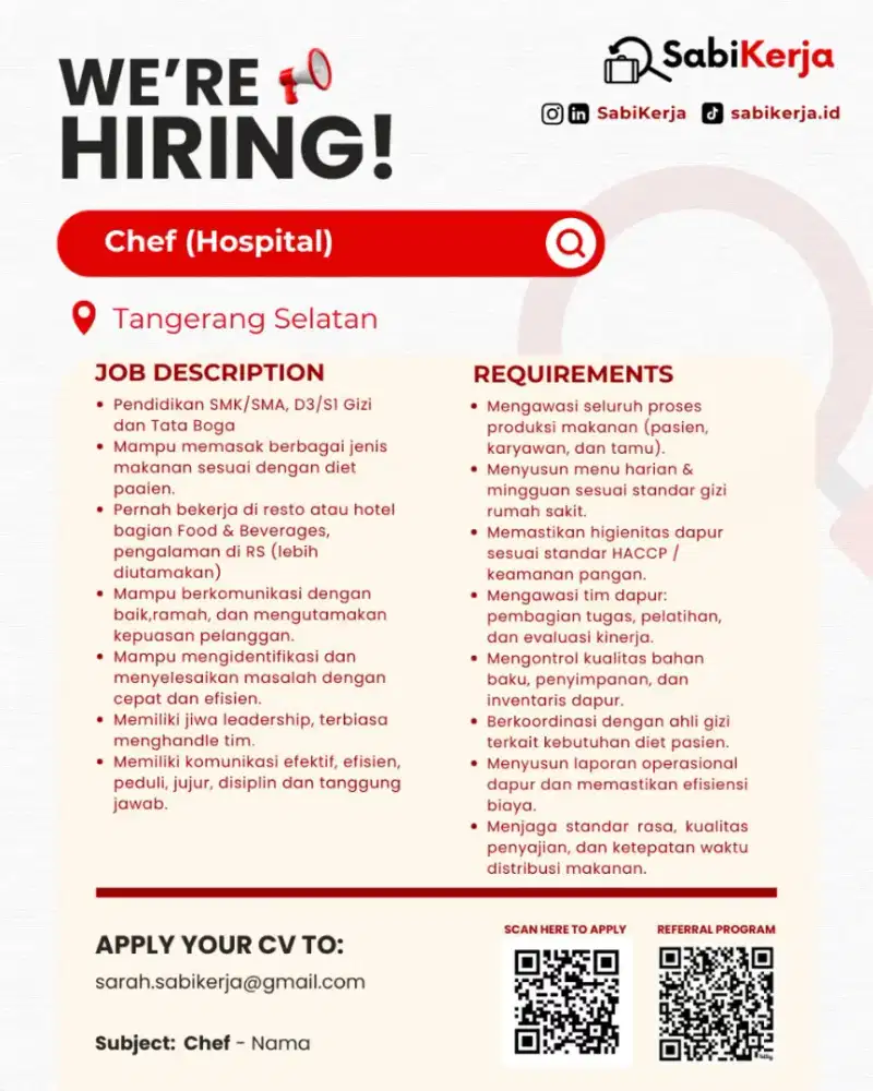 Job Opportunity - Chef (Hospital)