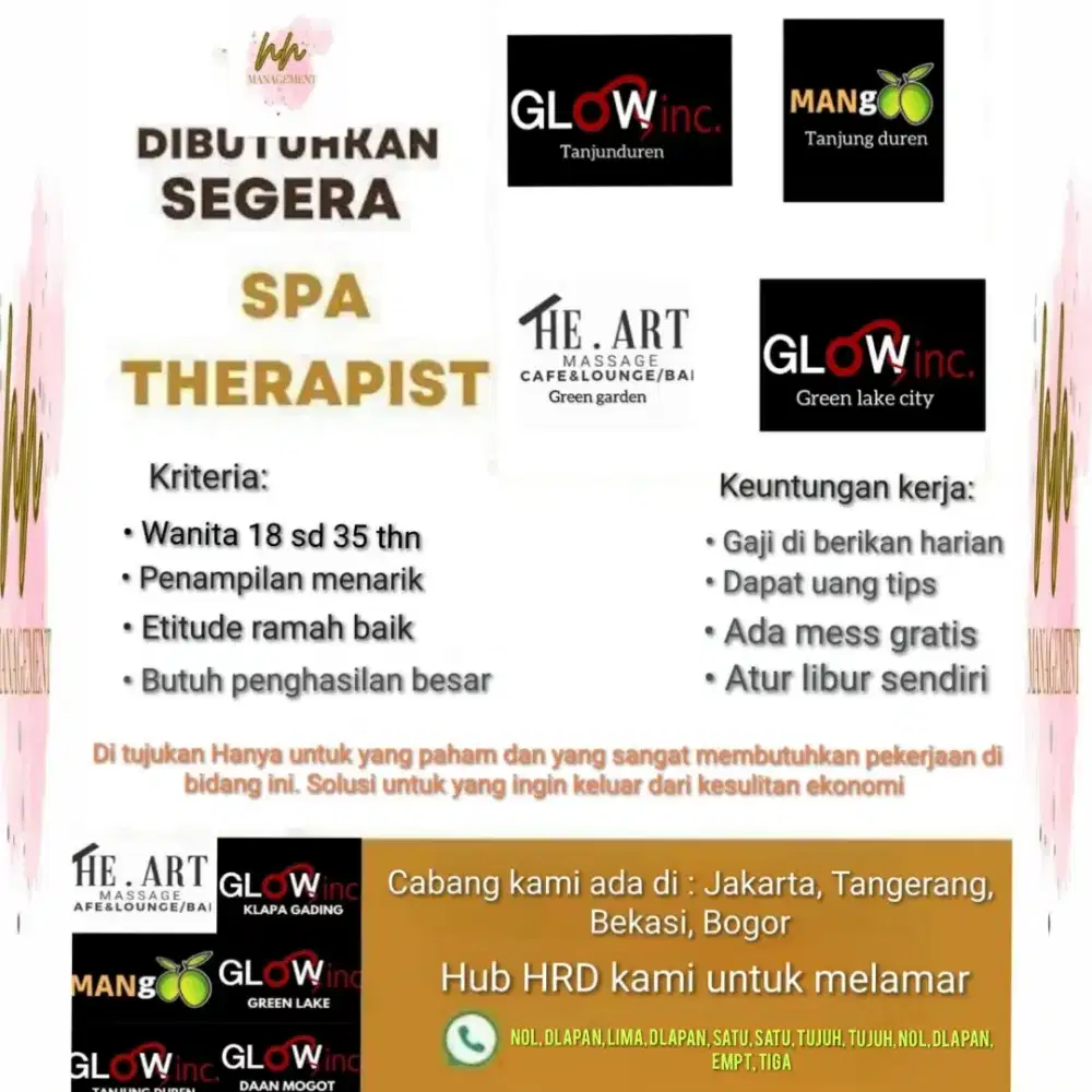 Lowongan Therapist Wanita glow inc group