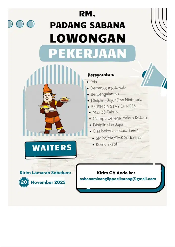 Di Butuhkan Waitres Pria Area Cikarang Selatan