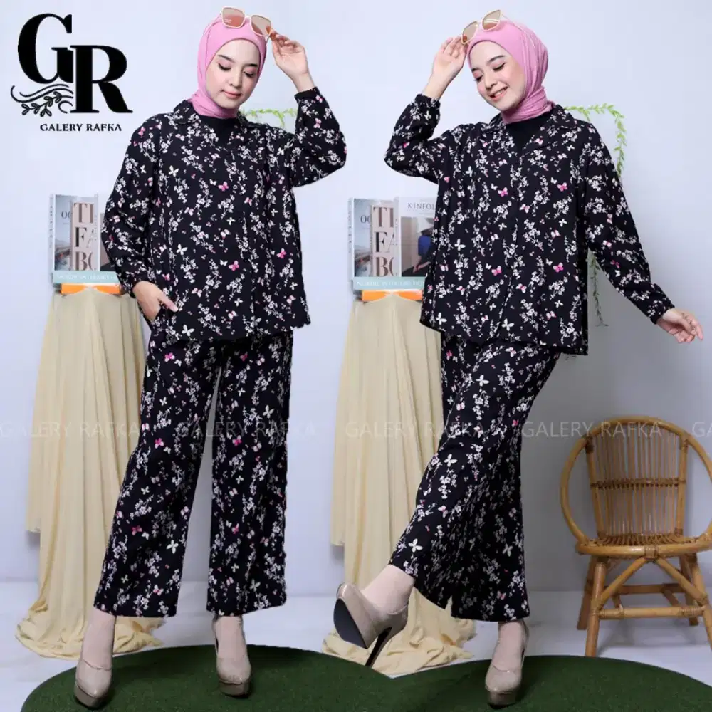 Kemeja one set wanita rayon premium jumbo stelan piama twill kekinian