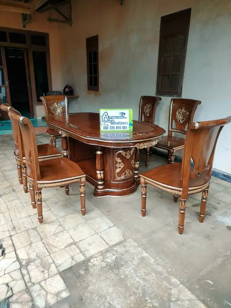 Meja makan gendong salina set kaca meja full kayu jati