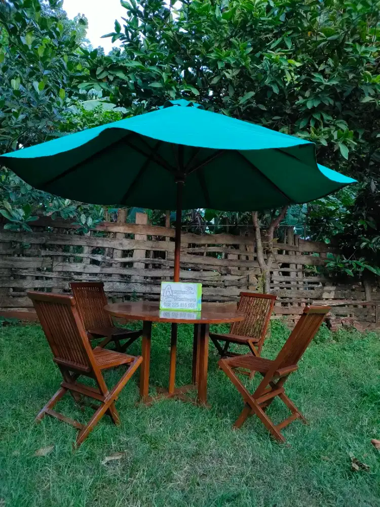 Meja makan minimalis payung outdoor full kayu jati
