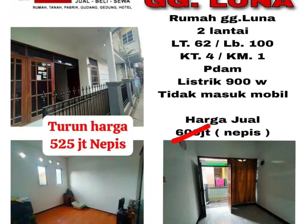 DIJUAL RUMAH 2 lantai GG LUNA, jamika bandung; masuk motor NE
