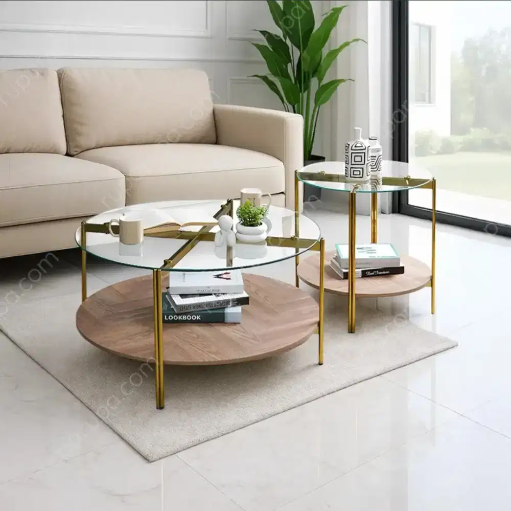 Informa Set 2 Pcs Vega Meja Tamu dan Meja Sisi Round - Cokelat Walnut