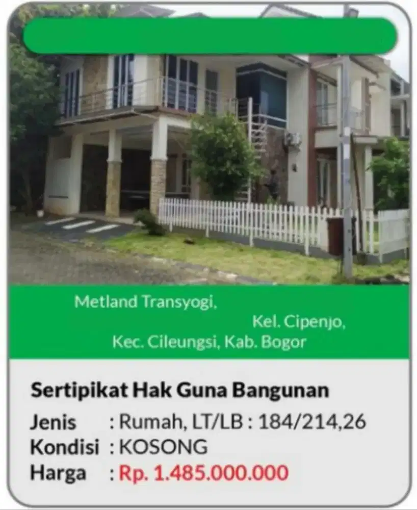 Dijual Rumah Metland Transyogi
