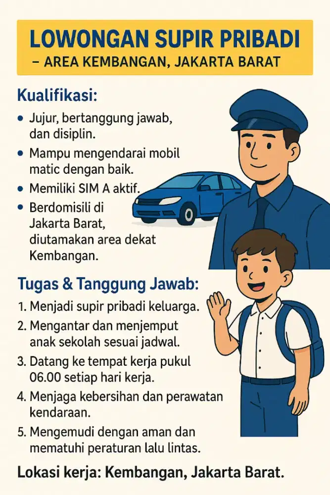 Lowongan SUPIR PRIBADI daerah JAKBAR