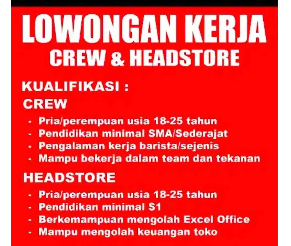 Loker crew dan headstore