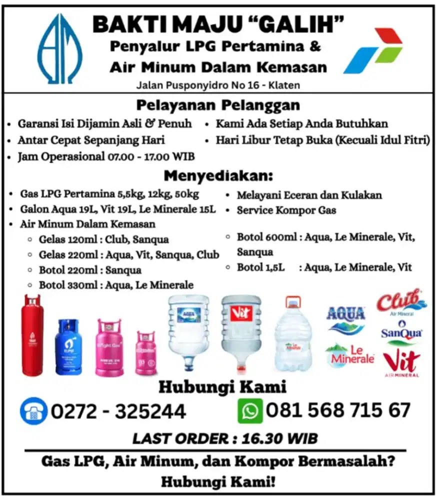 Free Delivery Order Gas dan Aqua Klaten Kota