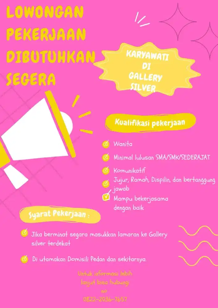 Di butuhkan segara karyawati di gallery silver pedan