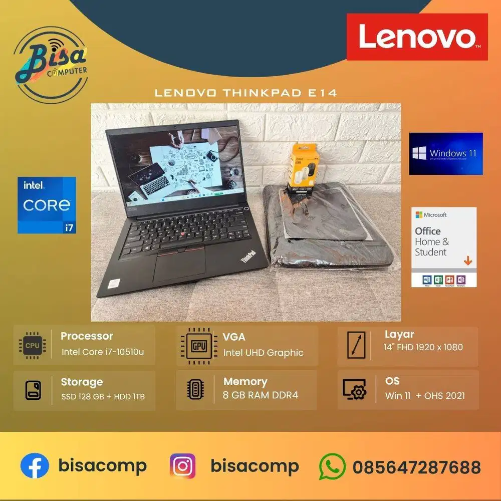 Lenovo thinkpad E14 Core i7-10510u ssd 128GB Hdd 1TB ram 8gb FHD