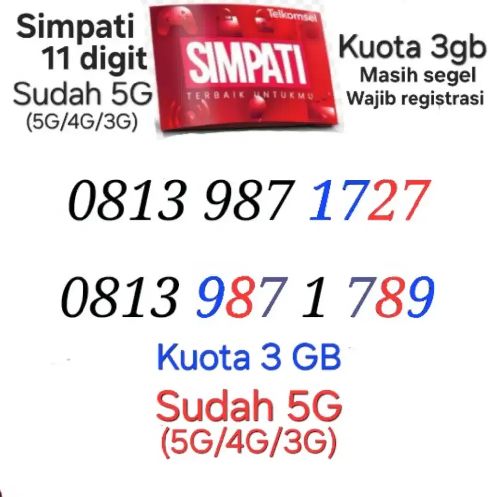 Nomor Cantik Simpati 11 Digit Kuota 3GB Kartu Perdana Telkomsel 5G