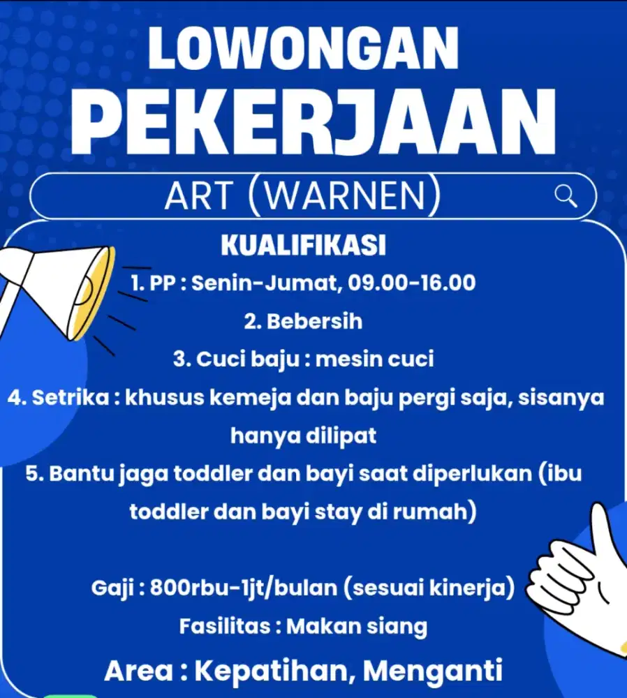 DIBUTUHKAN SEGERA ART WARNEN KEPATIHAN, MENGANTI