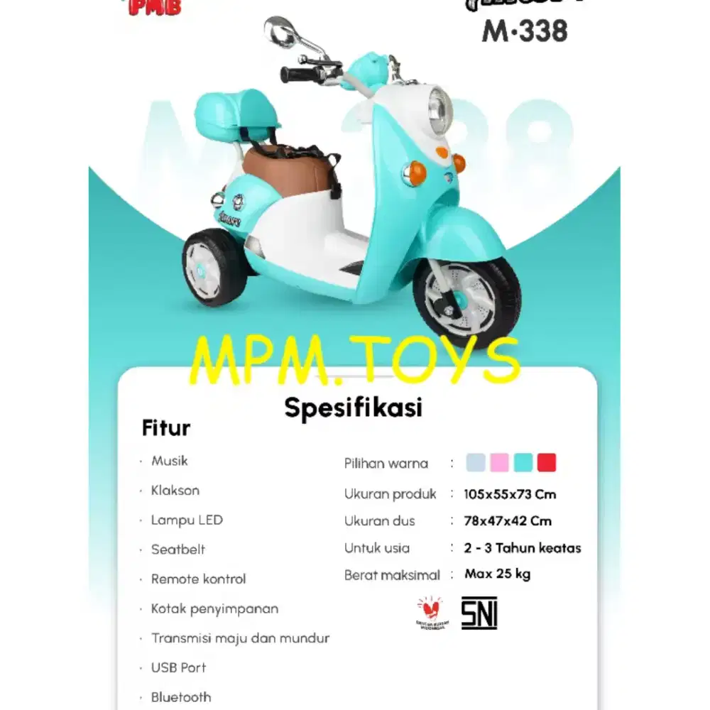Mainan motor listrik anak scoopy PMB-M338 SNI