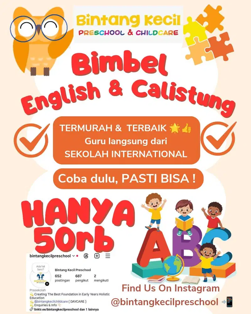 Bimba ENGLISH & CALISTUNG Sekolah International ( usia 3 - 9 Tahun )